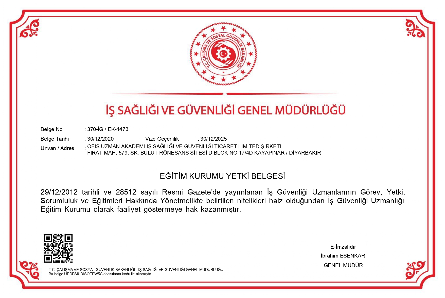 DİYARBAKIR İSG KURSU YETKİ BELGESİ