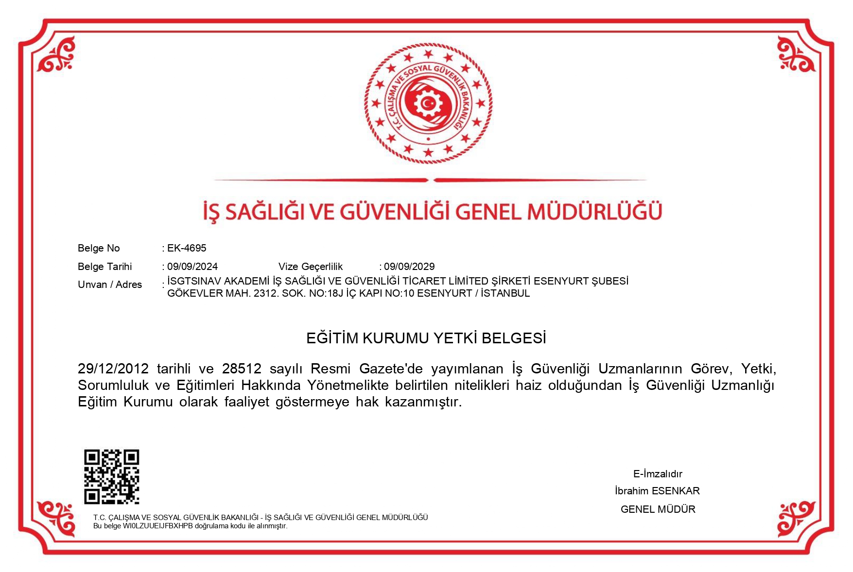 İSTANBUL/BEYLİKDÜZÜ İSG KURSU YETKİ BELGESİ