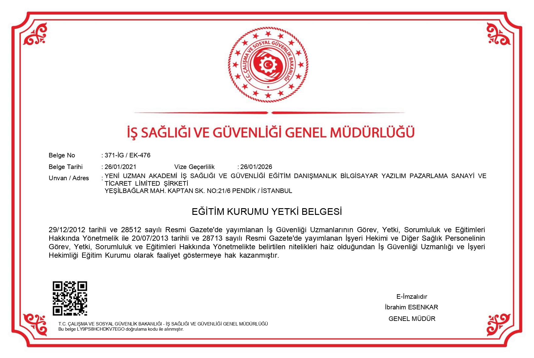 İSTANBUL/PENDİK İSG KURSU YETKİ BELGESİ