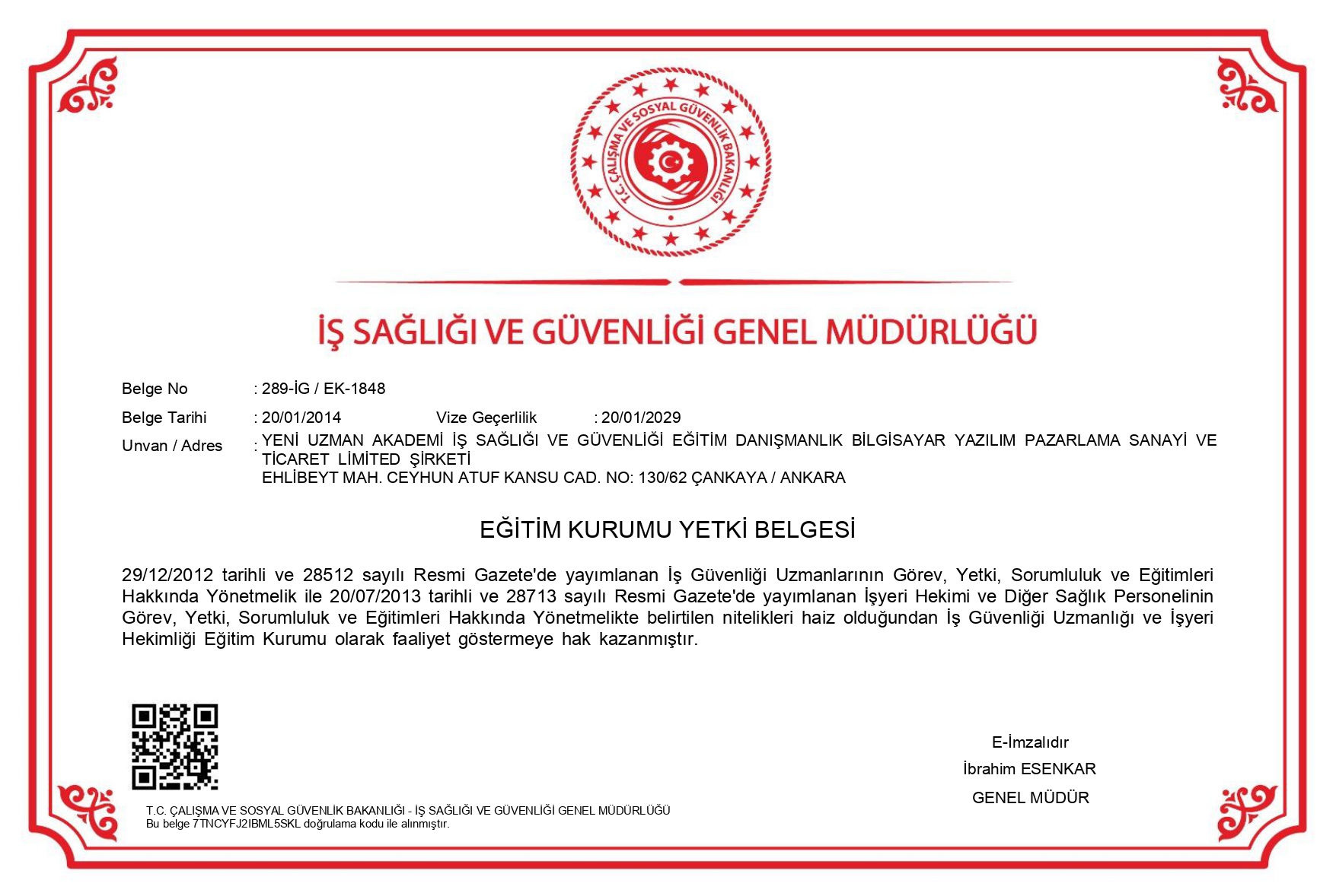 ANKARA İSG KURSU YETKİ BELGESİ