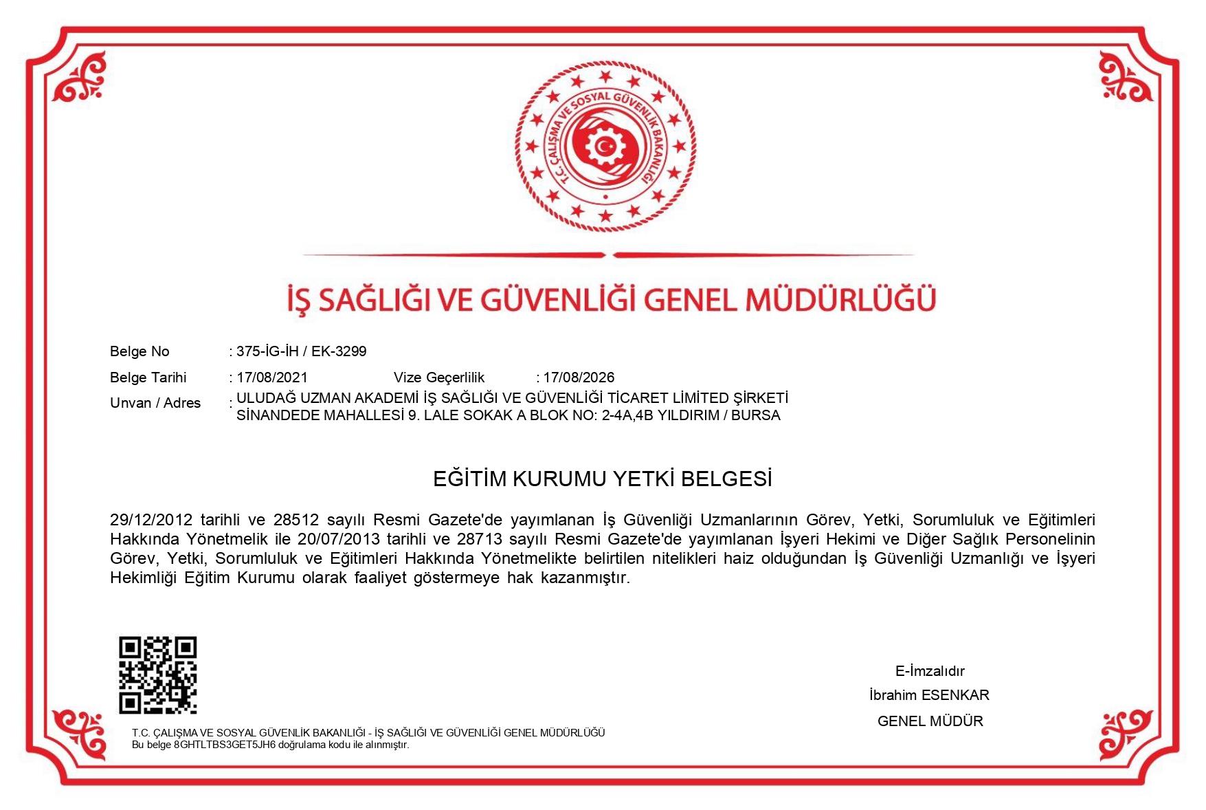 BURSA İSG KURSU YETKİ BELGESİ
