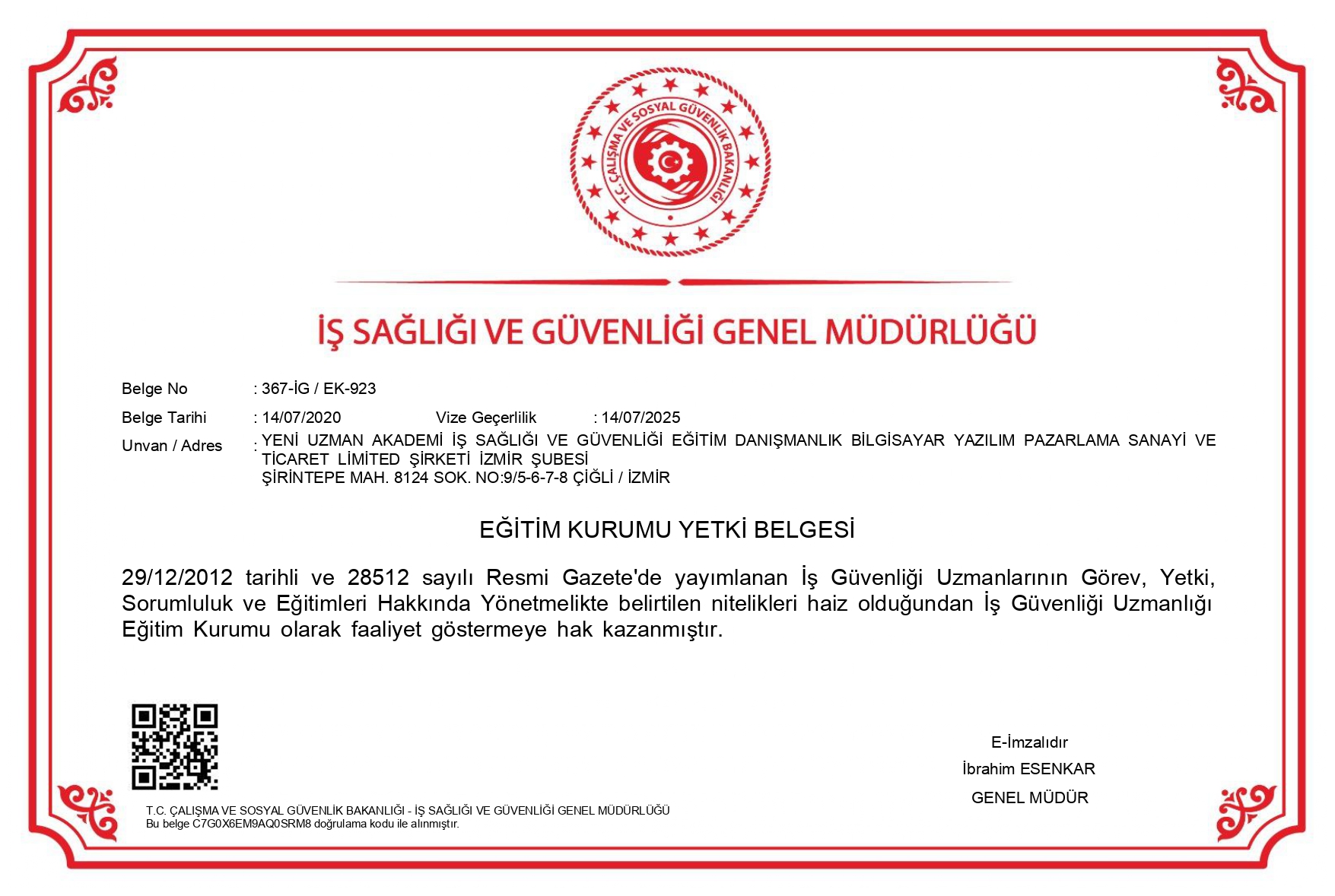 İZMİR İSG KURSU YETKİ BELGESİ