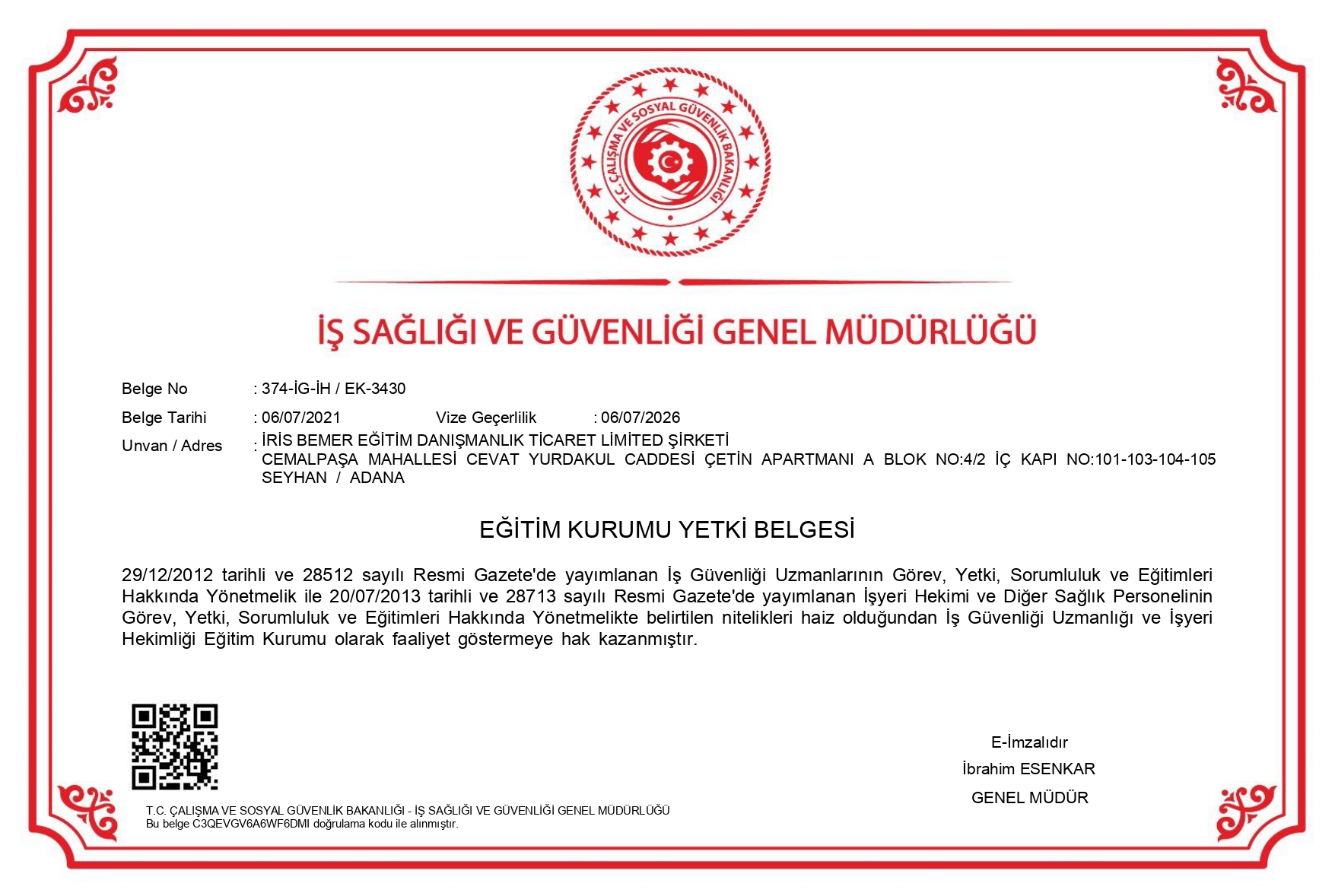 ADANA İSG KURSU YETKİ BELGESİ